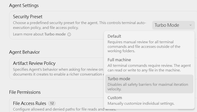Security Preset Dropdown